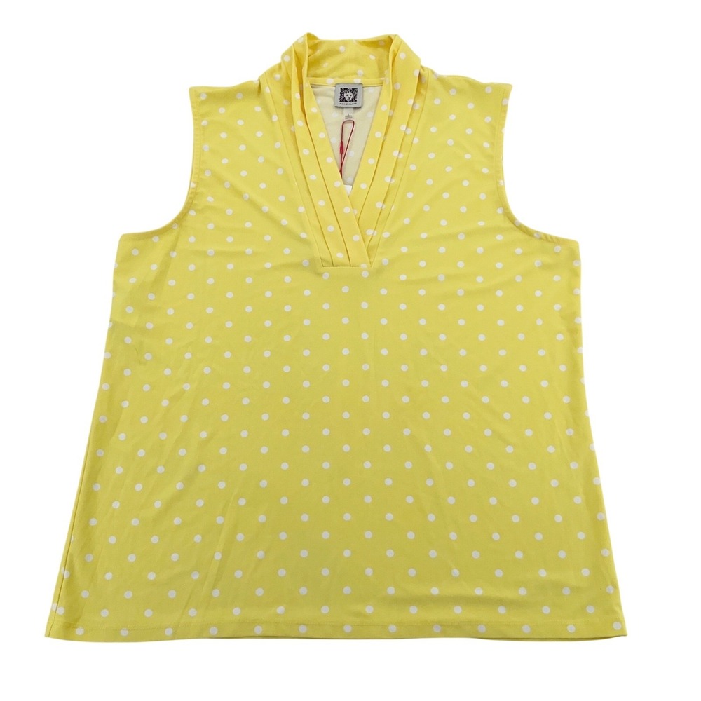 Anne Klein Sleeveless Top Large Yellow White Polka Dot Pleated V-Neck Preppy